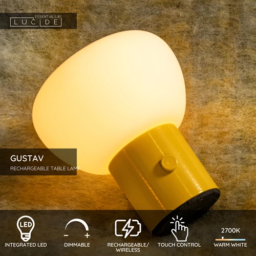 Lucide GUSTAV - Rechargeable Table lamp - Battery pack - Ø 8 cm - LED Dim. - 1x0,8W 2700K - Yellow | Essential - USP